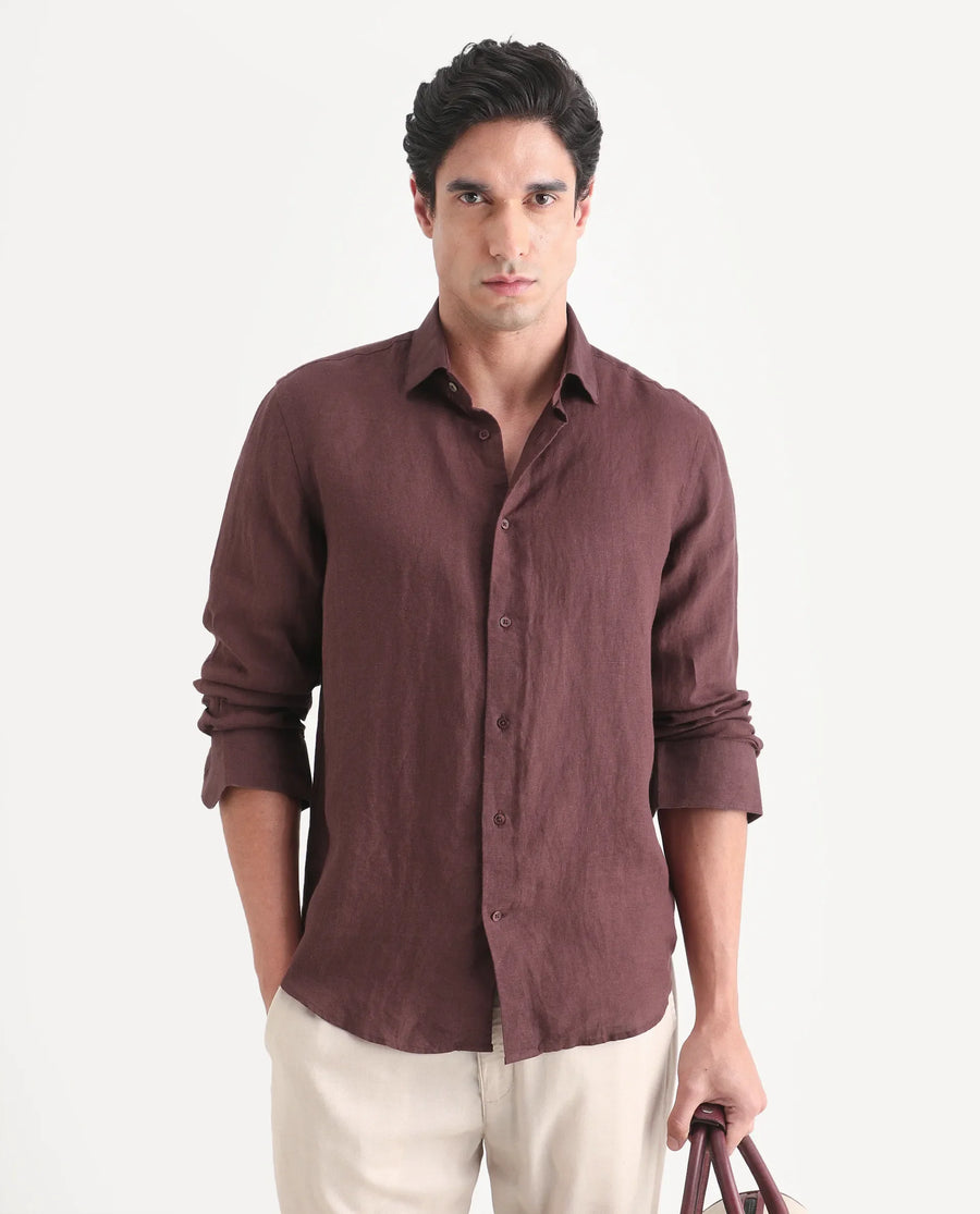 Rare Rabbit Men's Mavi-S26 Dark Maroon 100% Linen Fabric Full Sleeve Spread Collar Regular Fit Plain Shirt