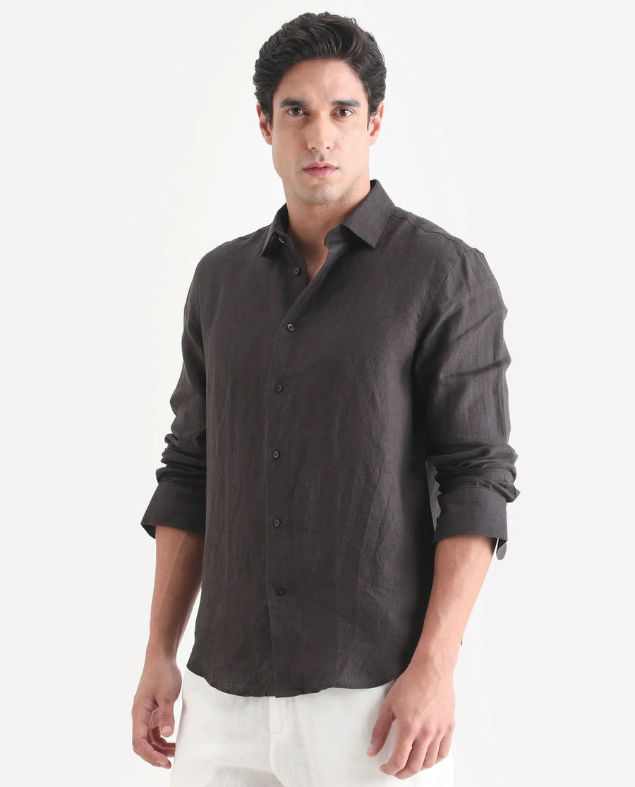 Rare Rabbit Men's Mavi-S26 Dark Grey 100% Linen Fabric Full Sleeve Spread Collar Regular Fit Plain Shirt