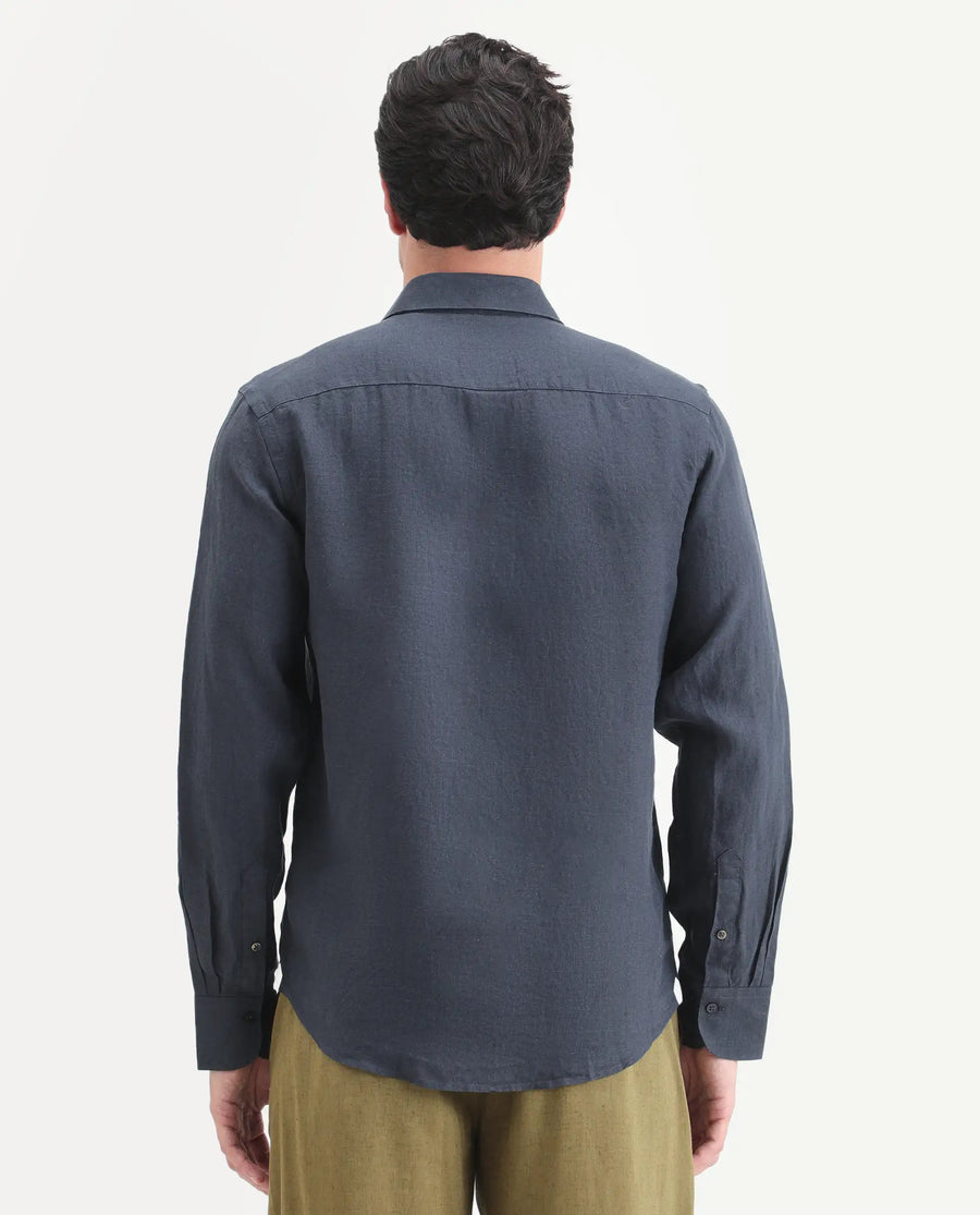 Rare Rabbit Men's Mavi-S26 Dark Blue 100% Linen Fabric Full Sleeve Spread Collar Regular Fit Plain Shirt