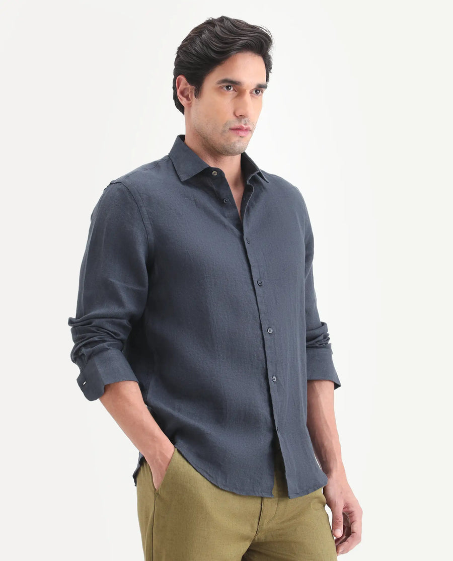 Rare Rabbit Men's Mavi-S26 Dark Blue 100% Linen Fabric Full Sleeve Spread Collar Regular Fit Plain Shirt