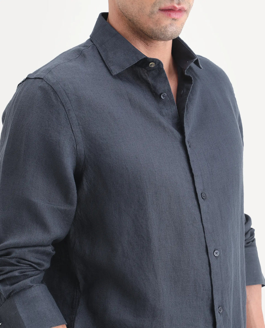 Rare Rabbit Men's Mavi-S26 Dark Blue 100% Linen Fabric Full Sleeve Spread Collar Regular Fit Plain Shirt