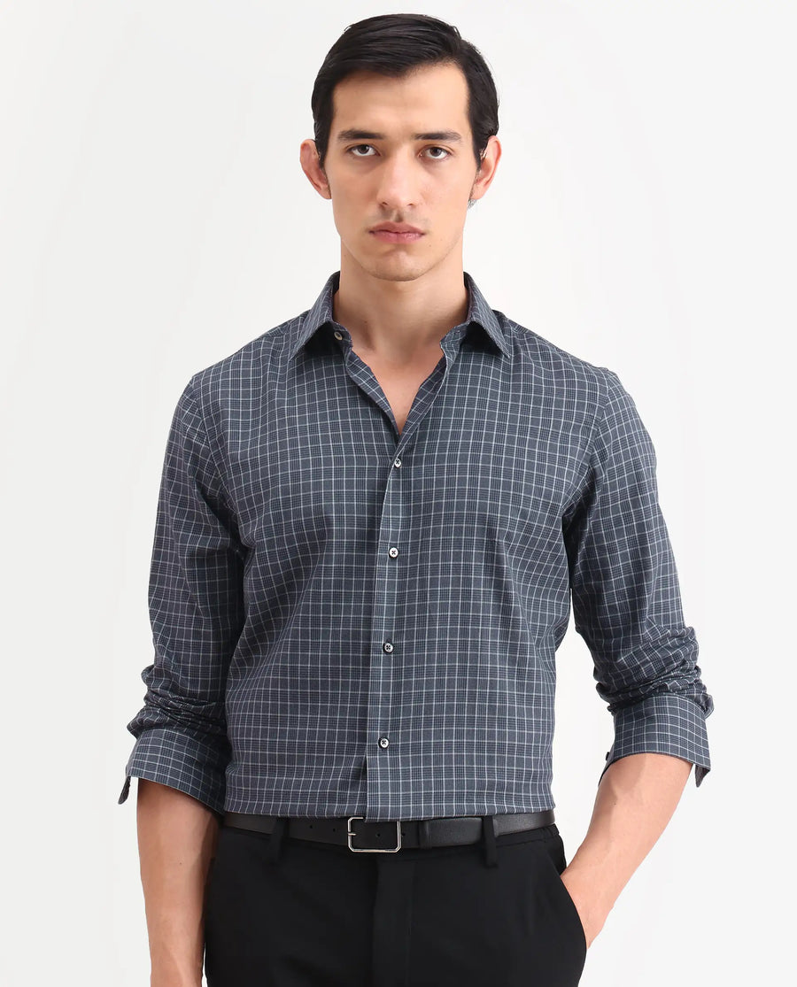 Rare Rabbit Men's Sapar Blue Cotton Fabric Full Sleeve Spread Collar Regular Fit Checked Shirt