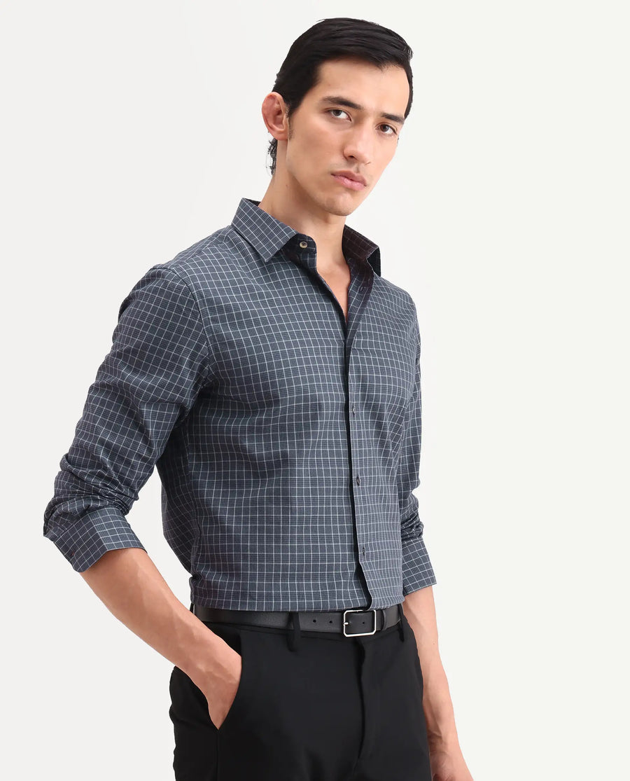 Rare Rabbit Men's Sapar Blue Cotton Fabric Full Sleeve Spread Collar Regular Fit Checked Shirt