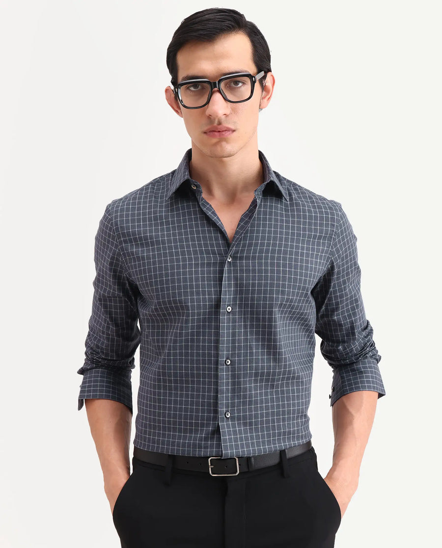 Rare Rabbit Men's Sapar Blue Cotton Fabric Full Sleeve Spread Collar Regular Fit Checked Shirt