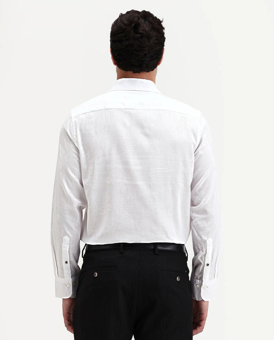 Rare Rabbit Men's Alvo White Viscose Blend Fabric Full Sleeve Spread Collar Regular Fit Jacquard Shirt