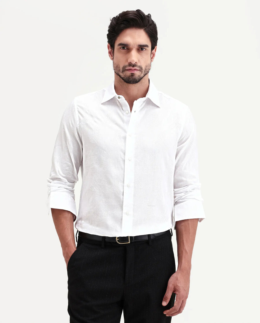 Rare Rabbit Men's Alvo White Viscose Blend Fabric Full Sleeve Spread Collar Regular Fit Jacquard Shirt