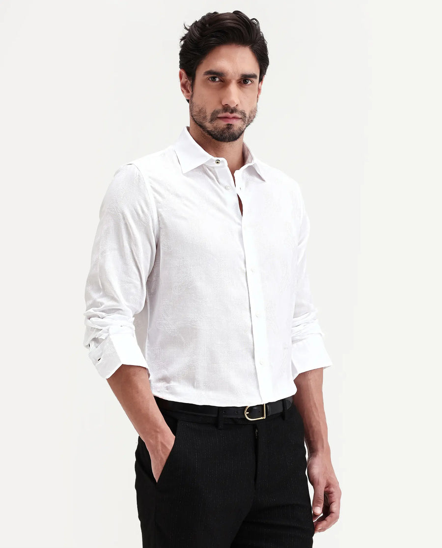 Rare Rabbit Men's Alvo White Viscose Blend Fabric Full Sleeve Spread Collar Regular Fit Jacquard Shirt