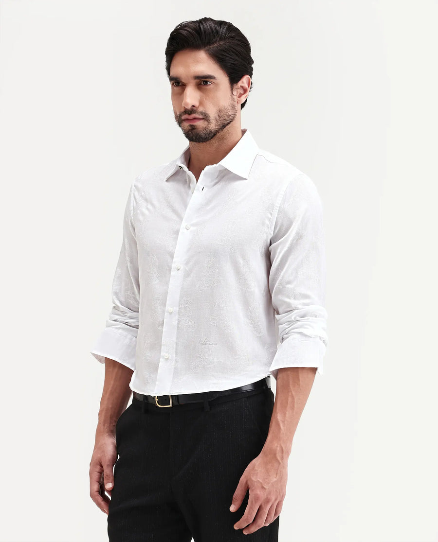 Rare Rabbit Men's Alvo White Viscose Blend Fabric Full Sleeve Spread Collar Regular Fit Jacquard Shirt