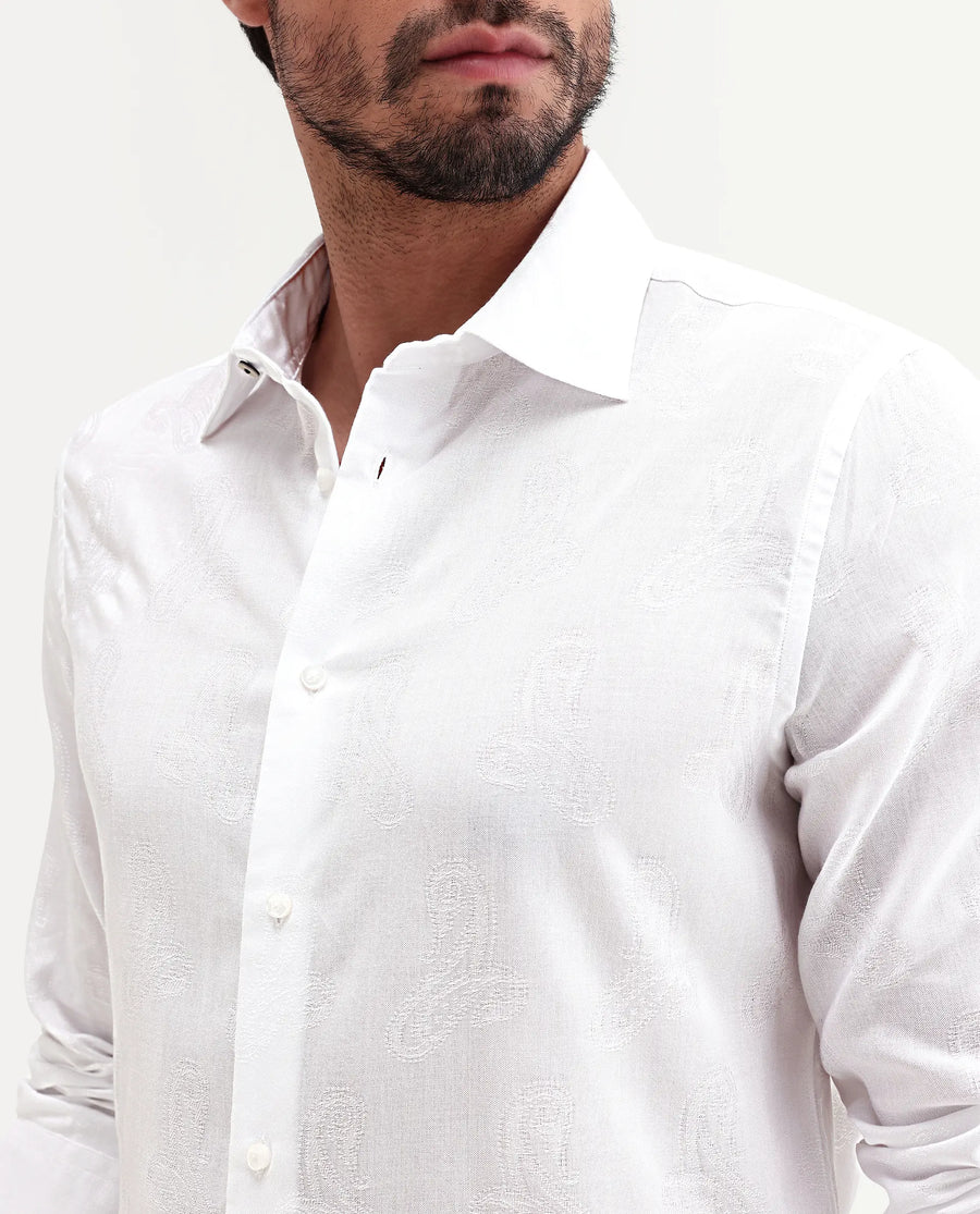 Rare Rabbit Men's Alvo White Viscose Blend Fabric Full Sleeve Spread Collar Regular Fit Jacquard Shirt