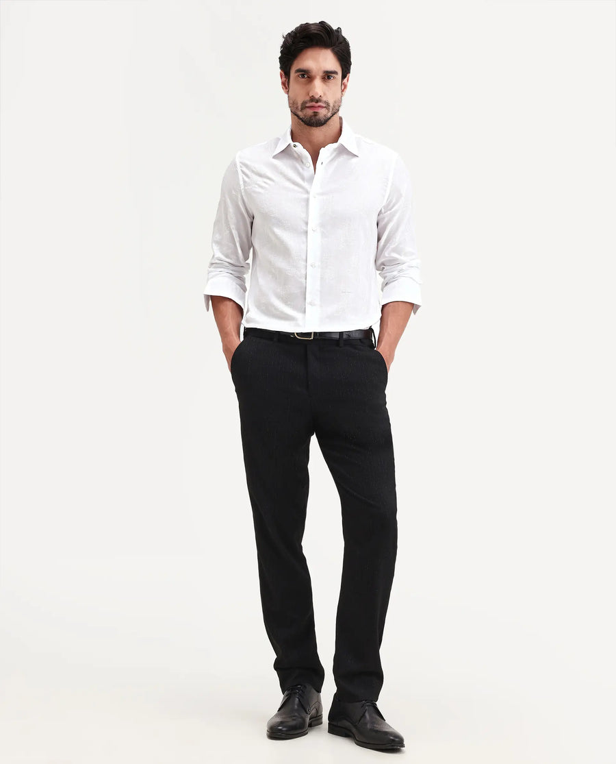 Rare Rabbit Men's Alvo White Viscose Blend Fabric Full Sleeve Spread Collar Regular Fit Jacquard Shirt