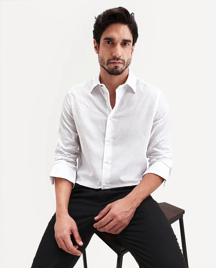 Rare Rabbit Men's Alvo White Viscose Blend Fabric Full Sleeve Spread Collar Regular Fit Jacquard Shirt
