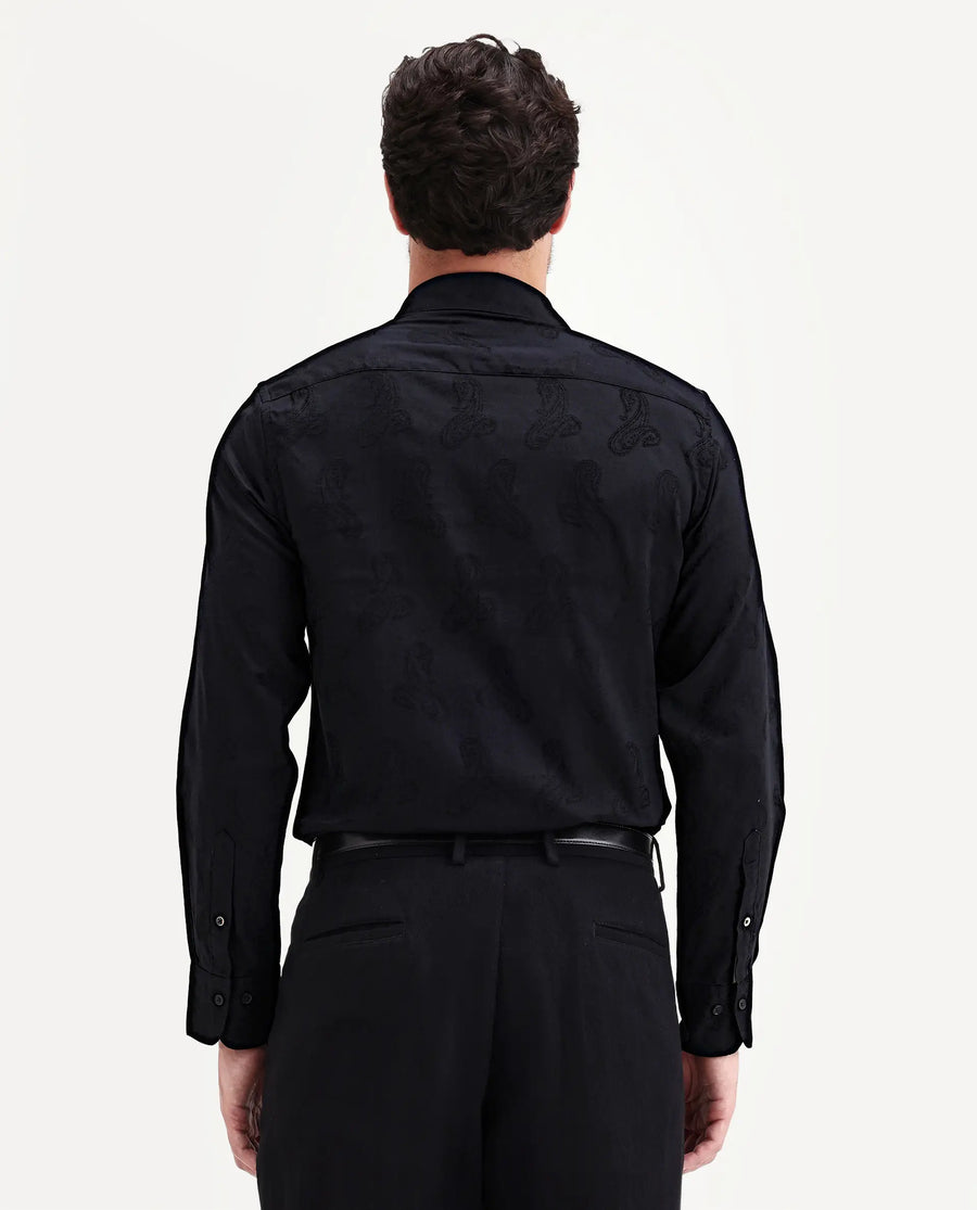 Rare Rabbit Men's Alvo Black Viscose Blend Fabric Full Sleeve Spread Collar Regular Fit Jacquard Shirt