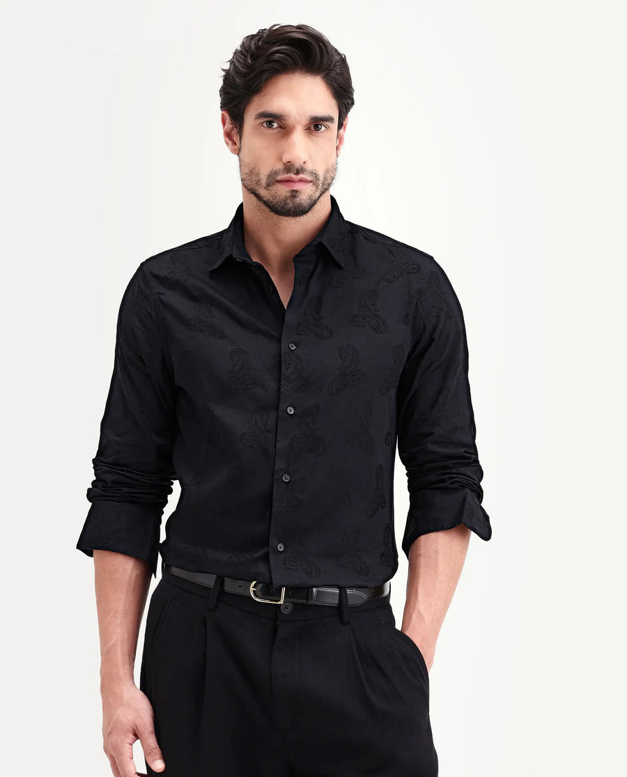 Rare Rabbit Men's Alvo Black Viscose Blend Fabric Full Sleeve Spread Collar Regular Fit Jacquard Shirt
