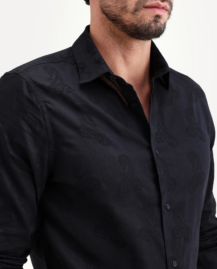 Rare Rabbit Men's Alvo Black Viscose Blend Fabric Full Sleeve Spread Collar Regular Fit Jacquard Shirt