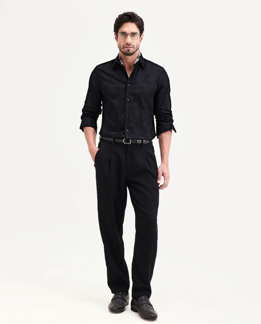 Rare Rabbit Men's Alvo Black Viscose Blend Fabric Full Sleeve Spread Collar Regular Fit Jacquard Shirt