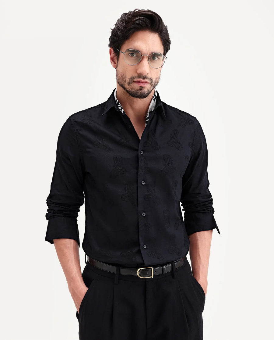 Rare Rabbit Men's Alvo Black Viscose Blend Fabric Full Sleeve Spread Collar Regular Fit Jacquard Shirt