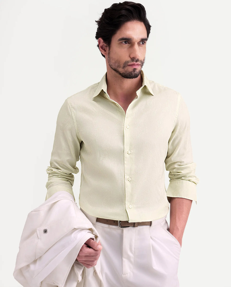 Rare Rabbit Men's Alvo Pastel Green Viscose Blend Fabric Full Sleeve Spread Collar Regular Fit Jacquard Shirt