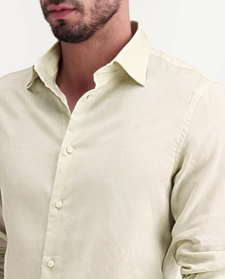 Rare Rabbit Men's Alvo Pastel Green Viscose Blend Fabric Full Sleeve Spread Collar Regular Fit Jacquard Shirt
