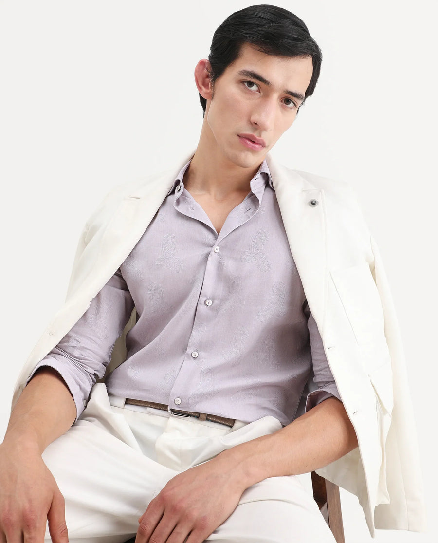 Rare Rabbit Men's Alvo Purple Viscose Blend Fabric Full Sleeve Spread Collar Regular Fit Jacquard Shirt