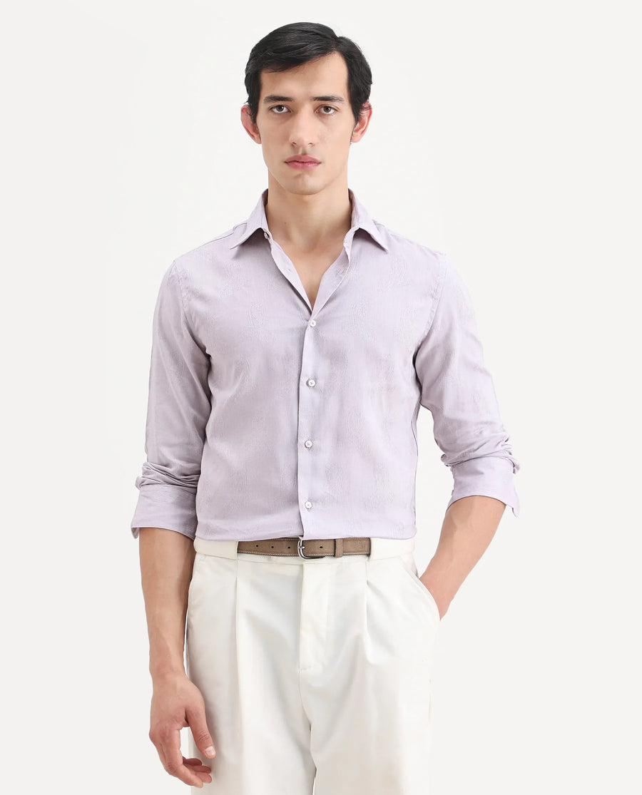 Rare Rabbit Men's Alvo Purple Viscose Blend Fabric Full Sleeve Spread Collar Regular Fit Jacquard Shirt