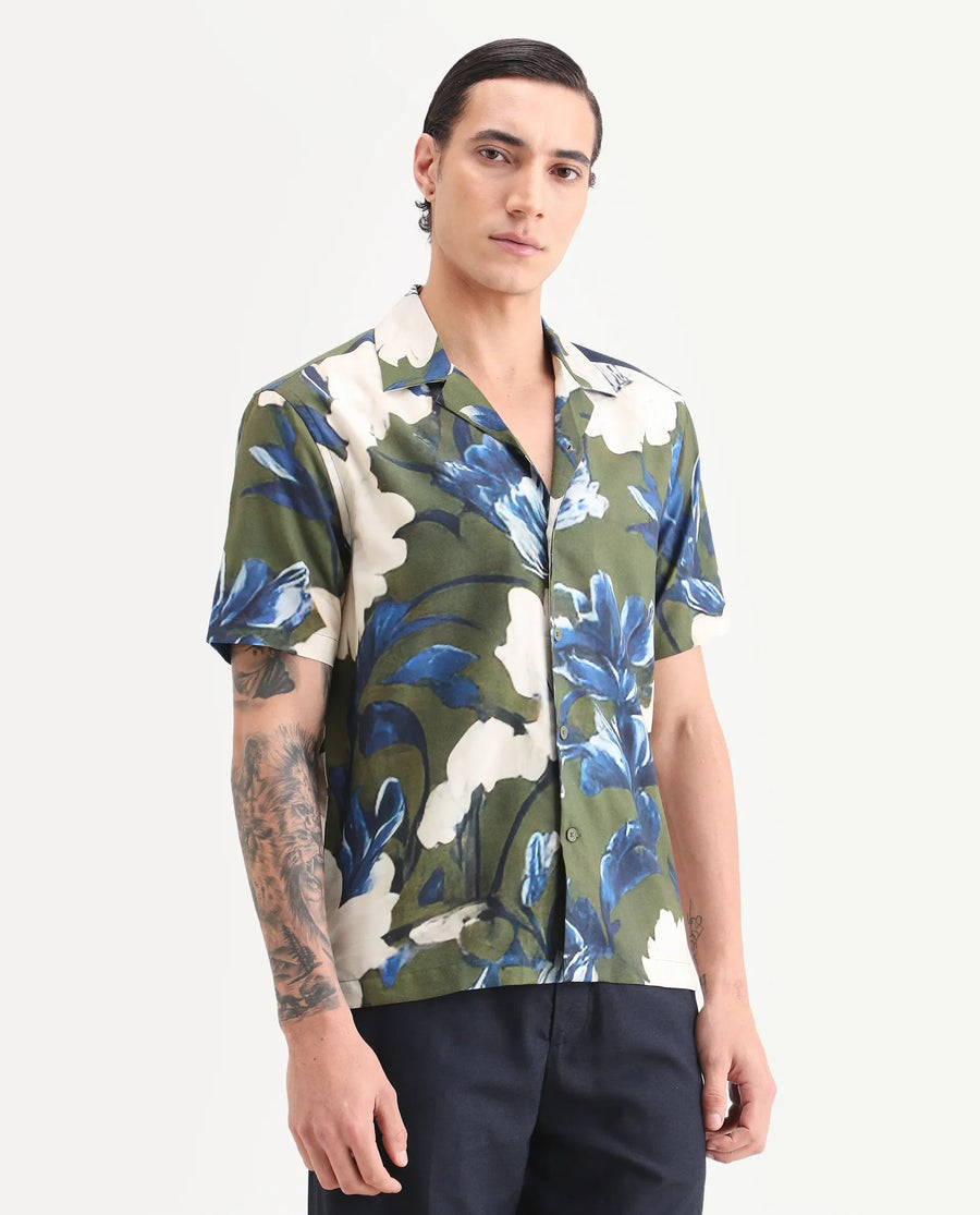 Rare Rabbit Men's Aric Green Cotton Blend Fabric Half Sleeve Cuban Collar Regular Fit Tropical Print Shirt