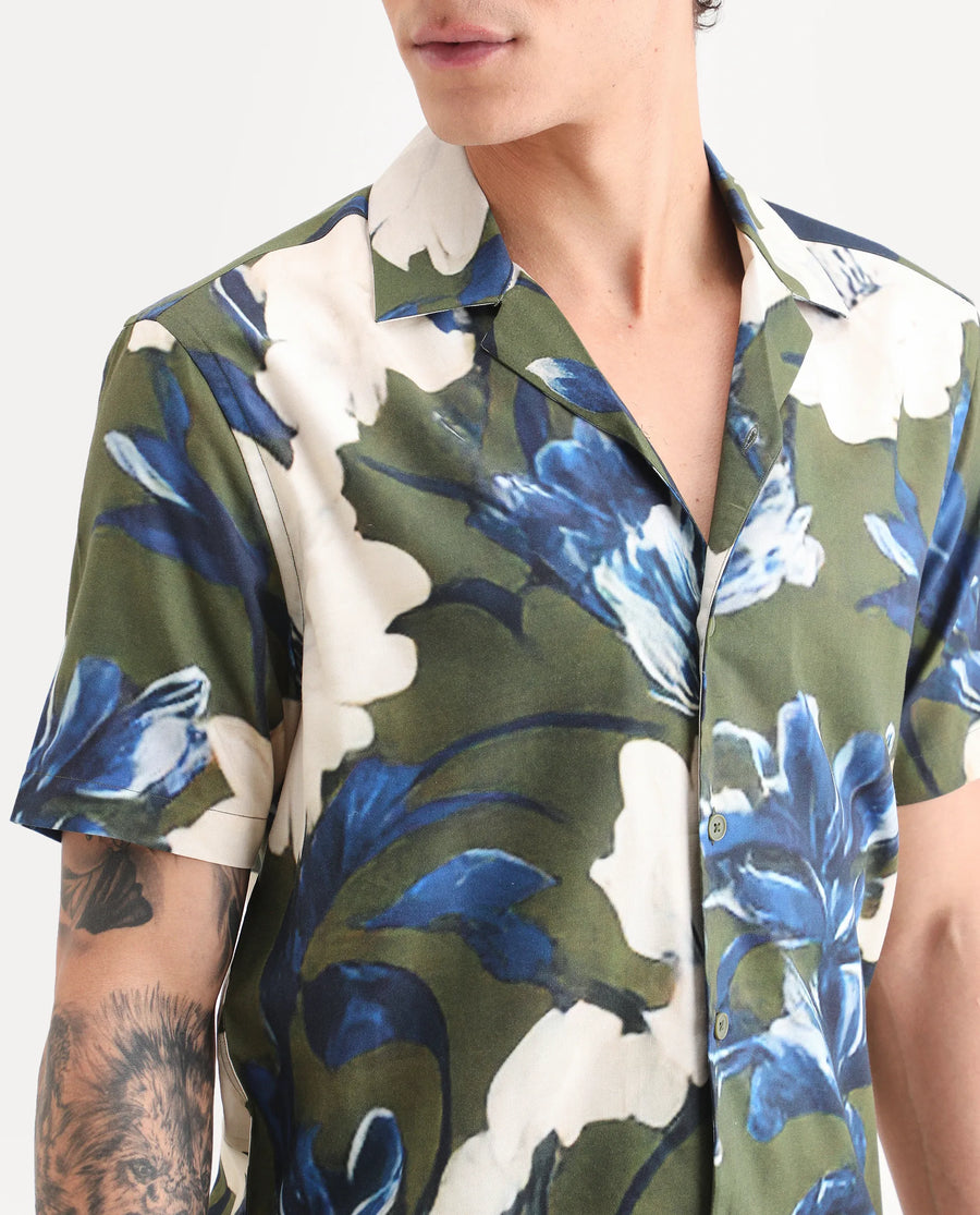 Rare Rabbit Men's Aric Green Cotton Blend Fabric Half Sleeve Cuban Collar Regular Fit Tropical Print Shirt