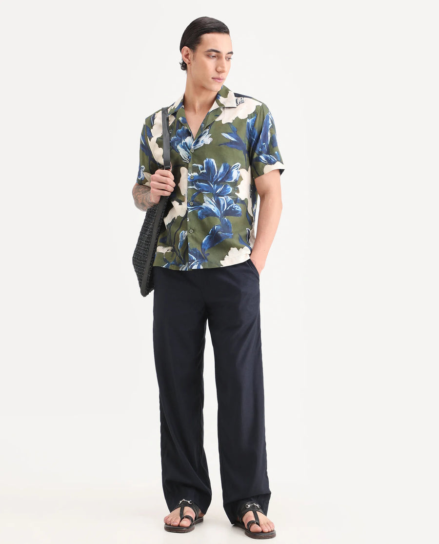 Rare Rabbit Men's Aric Green Cotton Blend Fabric Half Sleeve Cuban Collar Regular Fit Tropical Print Shirt