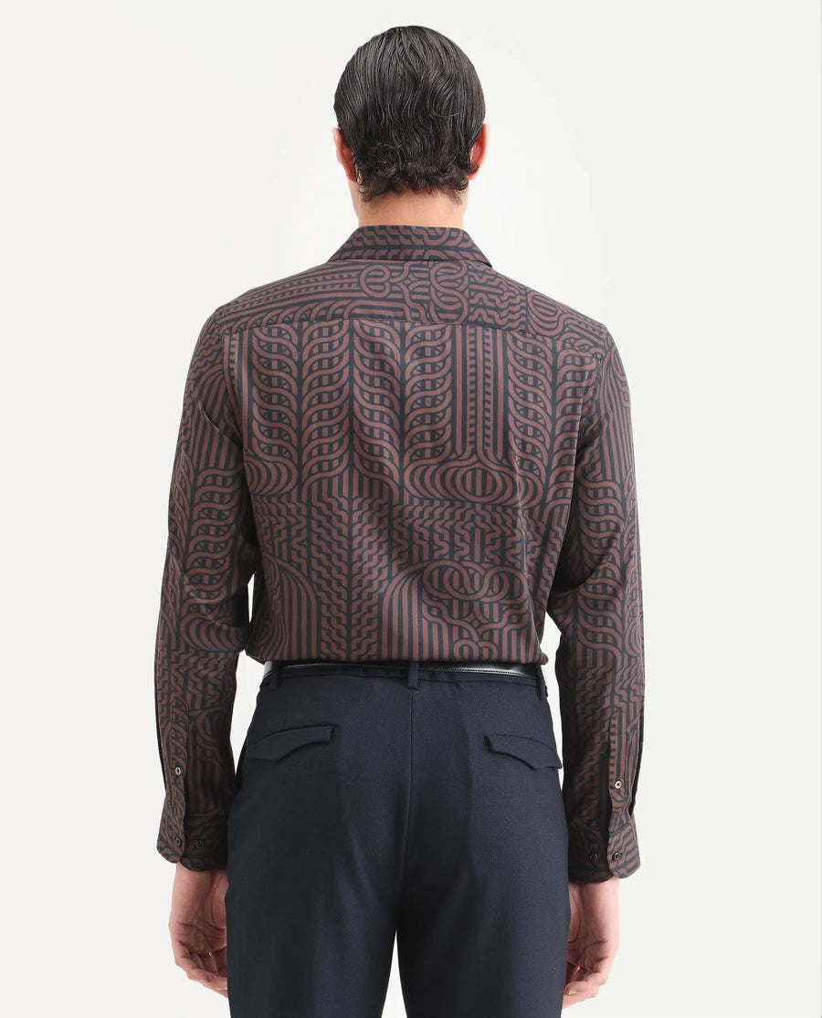 Rare Rabbit Men's Chel Brown Cotton Blend Fabric Full Sleeve Spread Collar Regular Fit Geometric Print Shirt