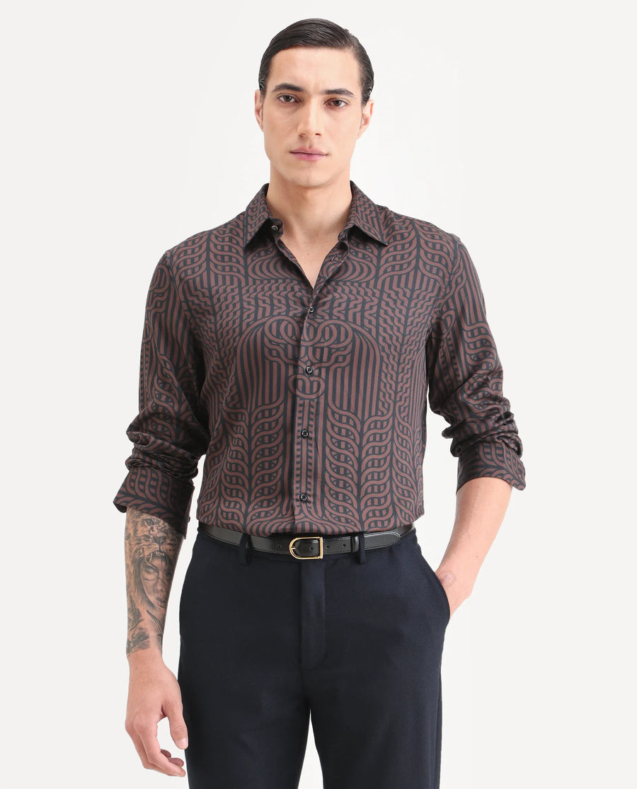 Rare Rabbit Men's Chel Brown Cotton Blend Fabric Full Sleeve Spread Collar Regular Fit Geometric Print Shirt