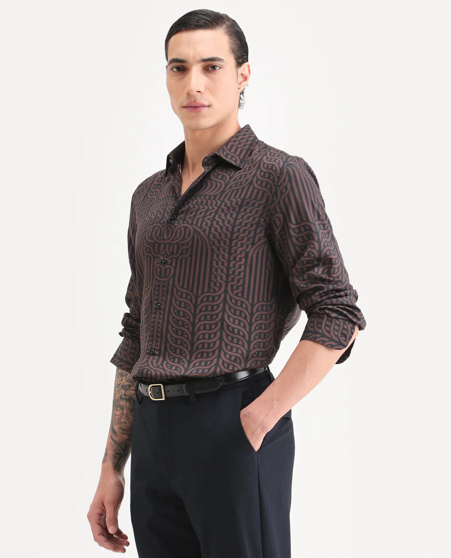 Rare Rabbit Men's Chel Brown Cotton Blend Fabric Full Sleeve Spread Collar Regular Fit Geometric Print Shirt