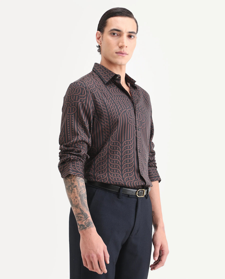 Rare Rabbit Men's Chel Brown Cotton Blend Fabric Full Sleeve Spread Collar Regular Fit Geometric Print Shirt