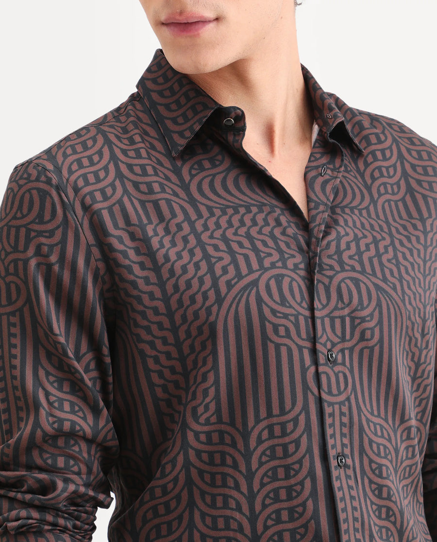 Rare Rabbit Men's Chel Brown Cotton Blend Fabric Full Sleeve Spread Collar Regular Fit Geometric Print Shirt