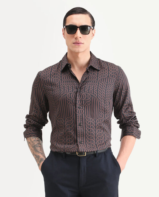 Rare Rabbit Men's Chel Brown Cotton Blend Fabric Full Sleeve Spread Collar Regular Fit Geometric Print Shirt