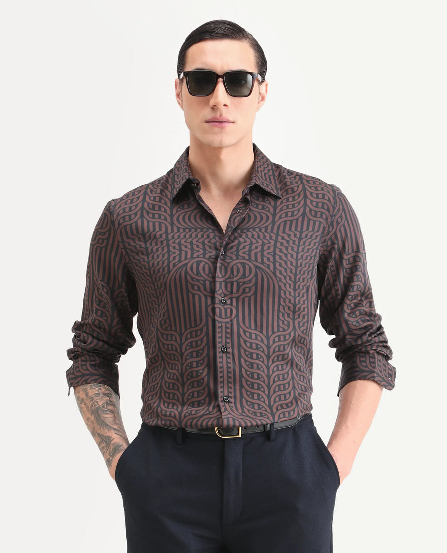 Rare Rabbit Men's Chel Brown Cotton Blend Fabric Full Sleeve Spread Collar Regular Fit Geometric Print Shirt
