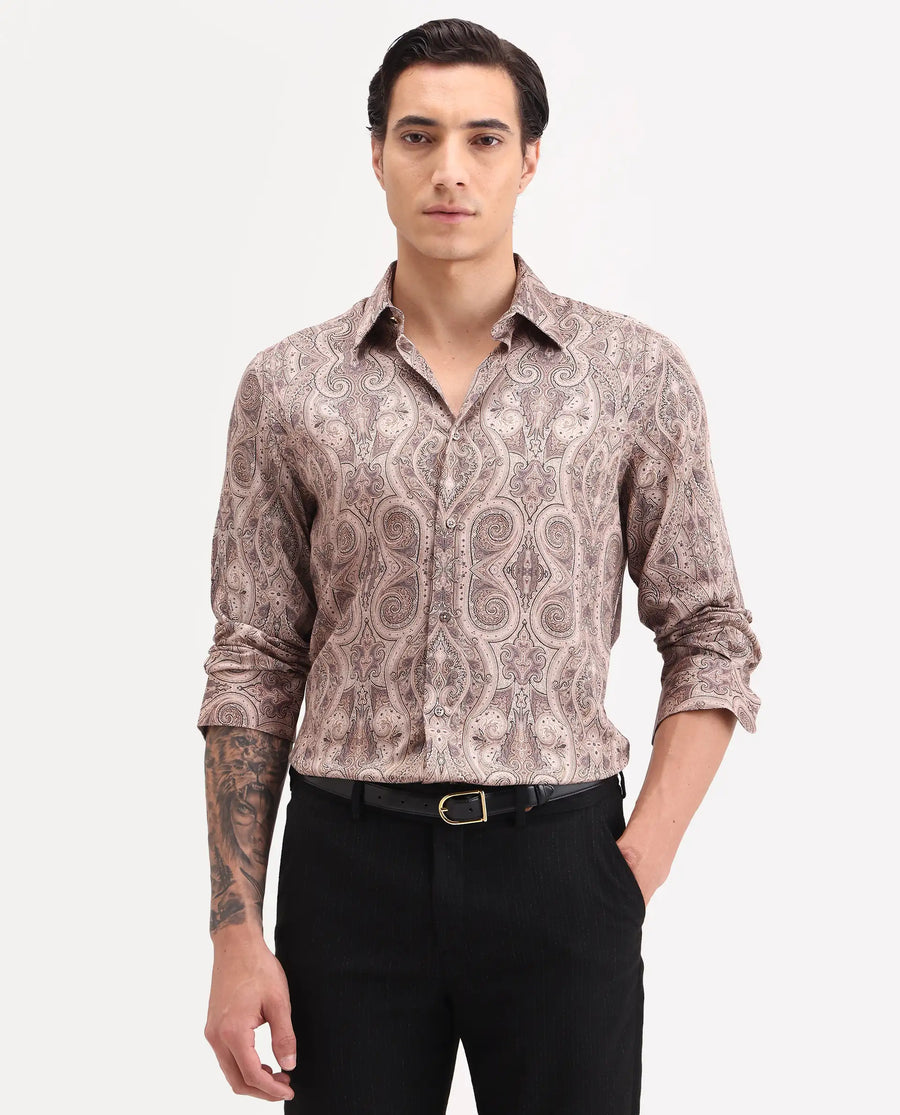 Rare Rabbit Men's Qaiz Dusky Beige Cotton Blend Fabric Full Sleeve Spread Collar Regular Fit Paisley Print Shirt