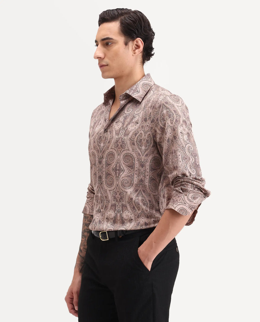 Rare Rabbit Men's Qaiz Dusky Beige Cotton Blend Fabric Full Sleeve Spread Collar Regular Fit Paisley Print Shirt