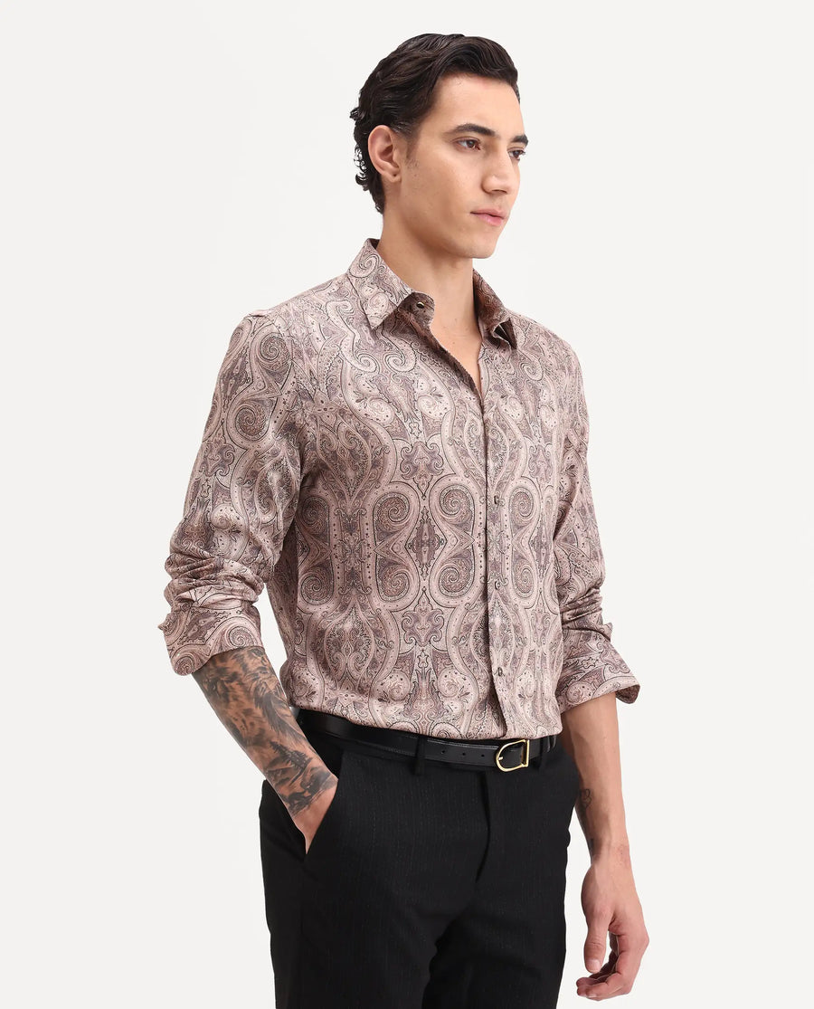 Rare Rabbit Men's Qaiz Dusky Beige Cotton Blend Fabric Full Sleeve Spread Collar Regular Fit Paisley Print Shirt