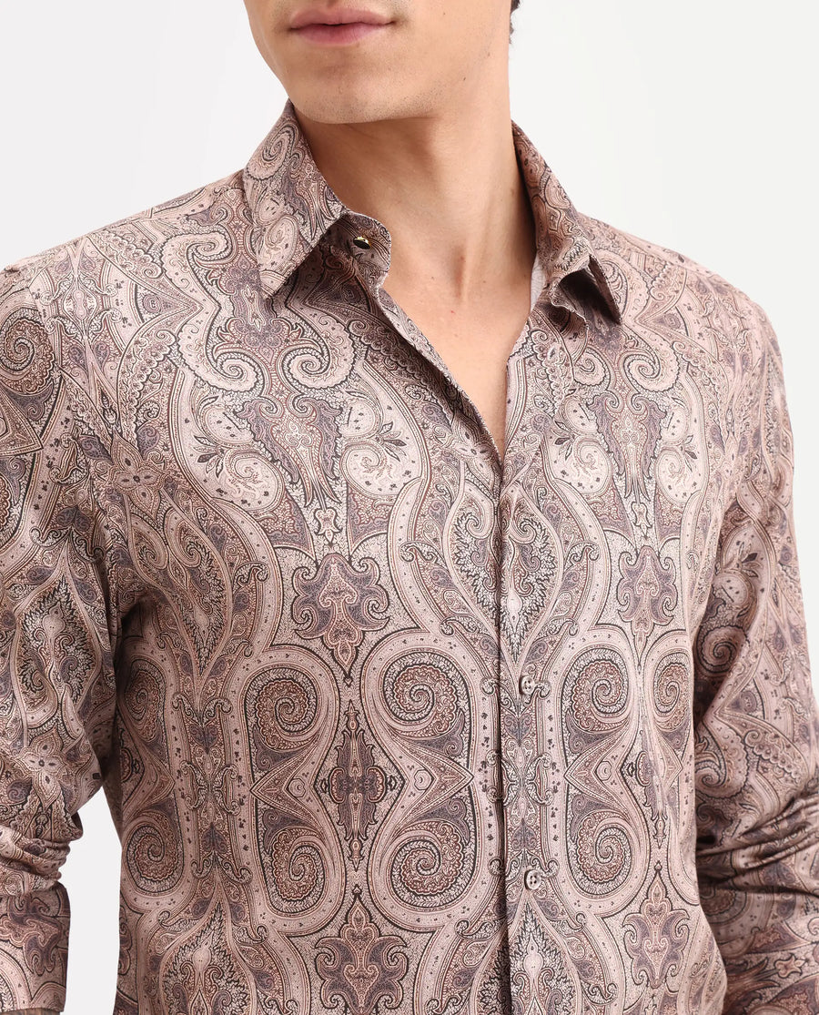 Rare Rabbit Men's Qaiz Dusky Beige Cotton Blend Fabric Full Sleeve Spread Collar Regular Fit Paisley Print Shirt