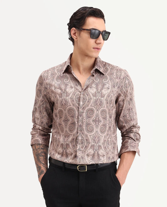 Rare Rabbit Men's Qaiz Dusky Beige Cotton Blend Fabric Full Sleeve Spread Collar Regular Fit Paisley Print Shirt