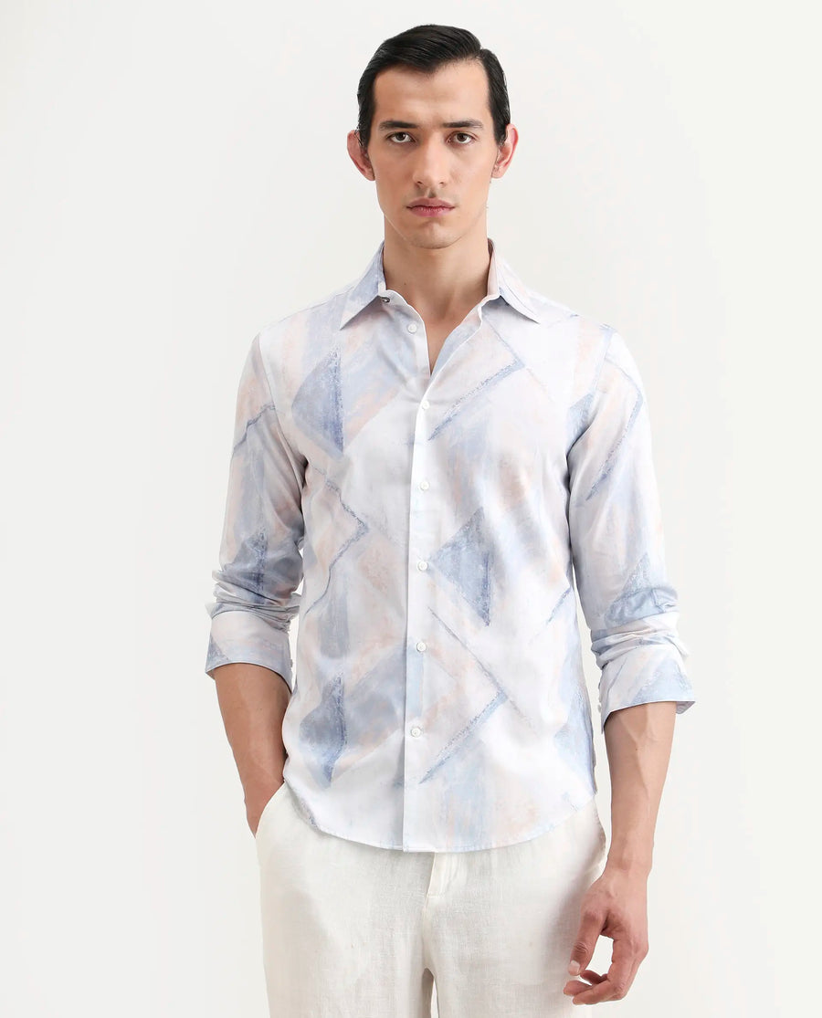 Rare Rabbit Men's Skye Pastel Blue Cotton Fabric Full Sleeve Spread Collar Regular Fit Abstract Print Shirt
