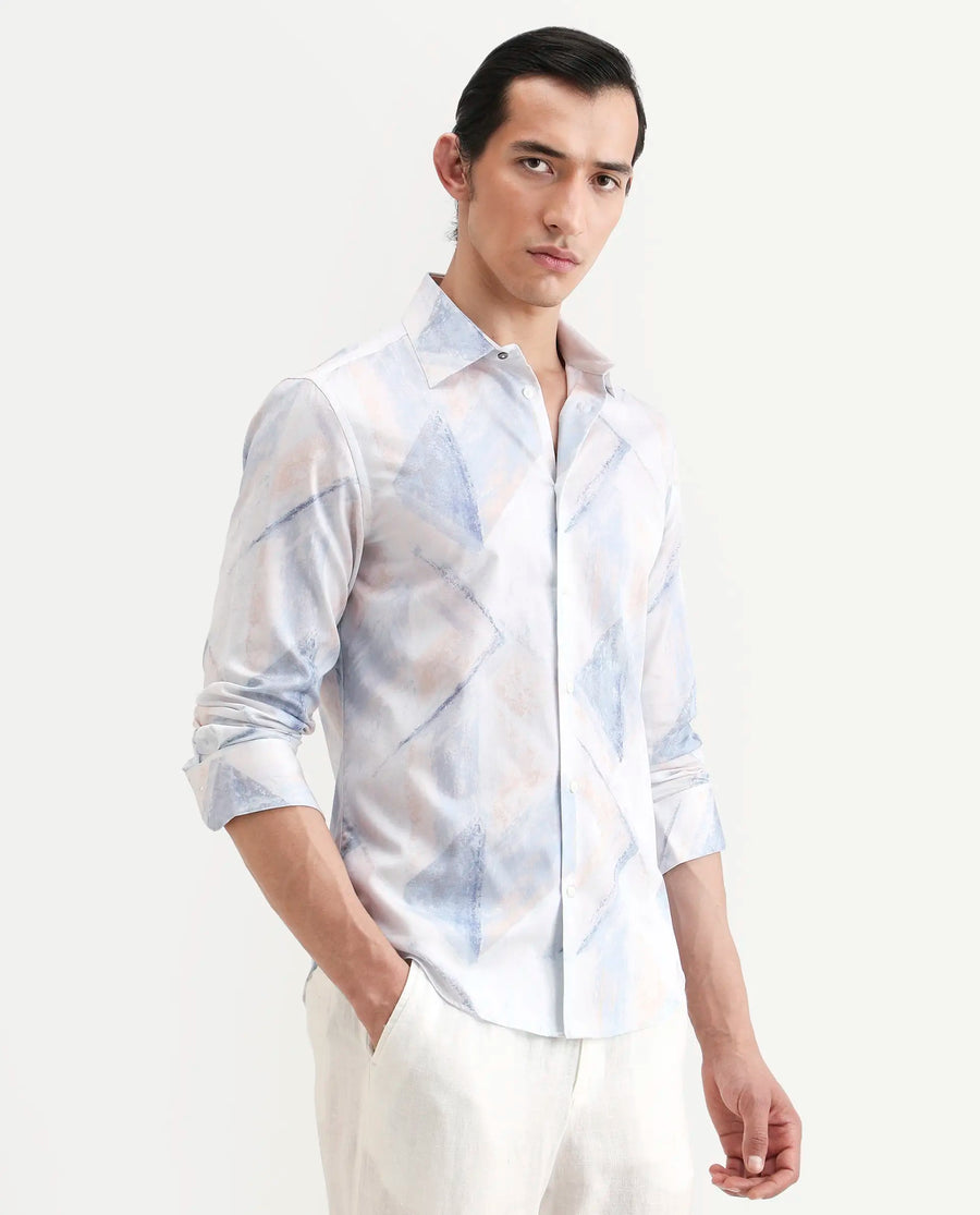 Rare Rabbit Men's Skye Pastel Blue Cotton Fabric Full Sleeve Spread Collar Regular Fit Abstract Print Shirt