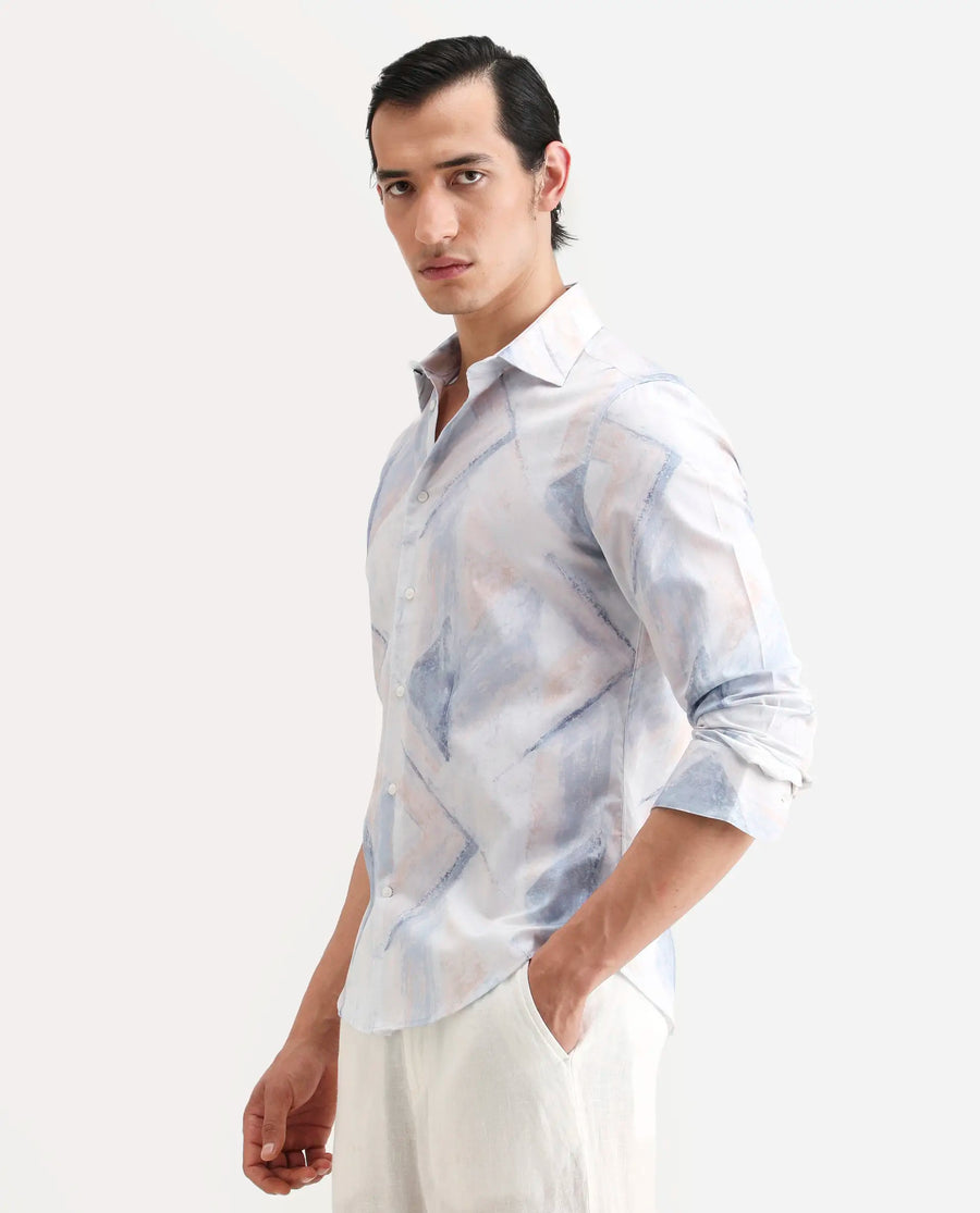 Rare Rabbit Men's Skye Pastel Blue Cotton Fabric Full Sleeve Spread Collar Regular Fit Abstract Print Shirt
