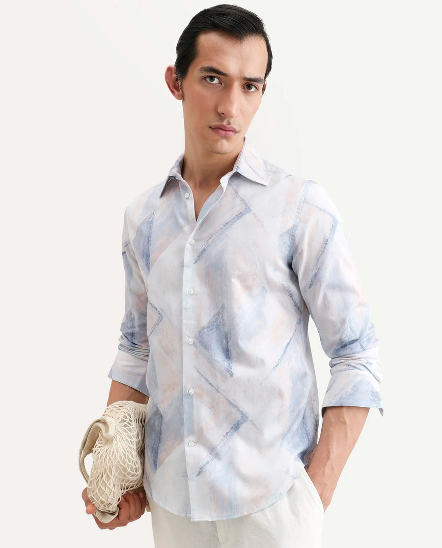 Rare Rabbit Men's Skye Pastel Blue Cotton Fabric Full Sleeve Spread Collar Regular Fit Abstract Print Shirt