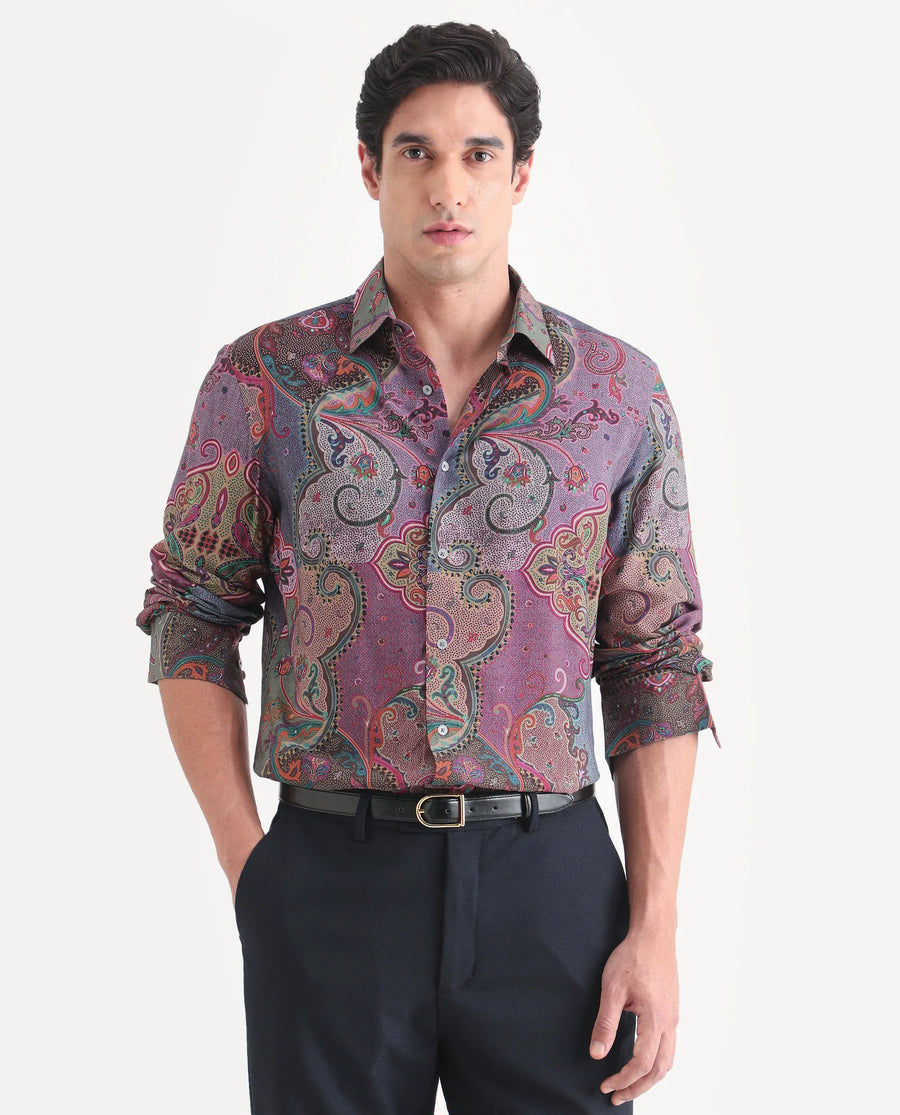 Rare Rabbit Men's Timo Multi Viscose Fabric Full Sleeve Spread Collar Regular Fit Paisley Print Shirt