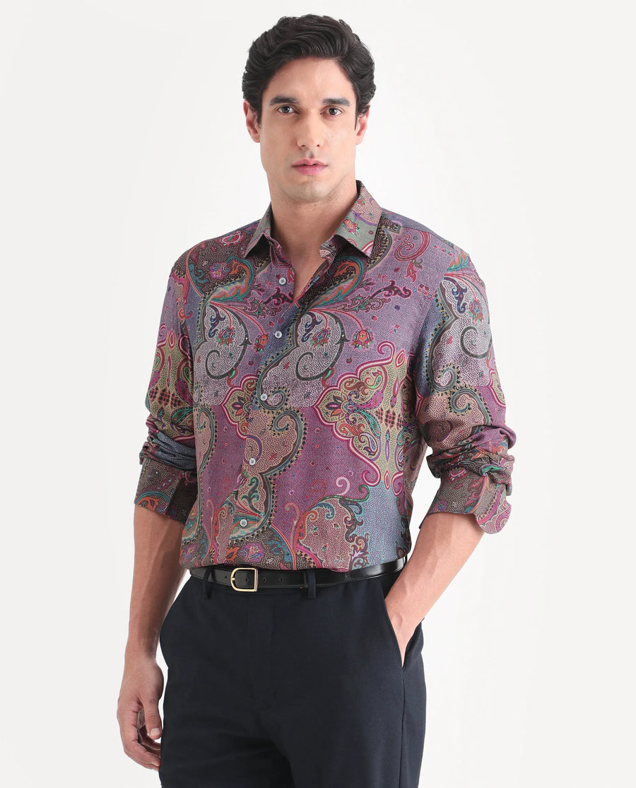 Rare Rabbit Men's Timo Multi Viscose Fabric Full Sleeve Spread Collar Regular Fit Paisley Print Shirt