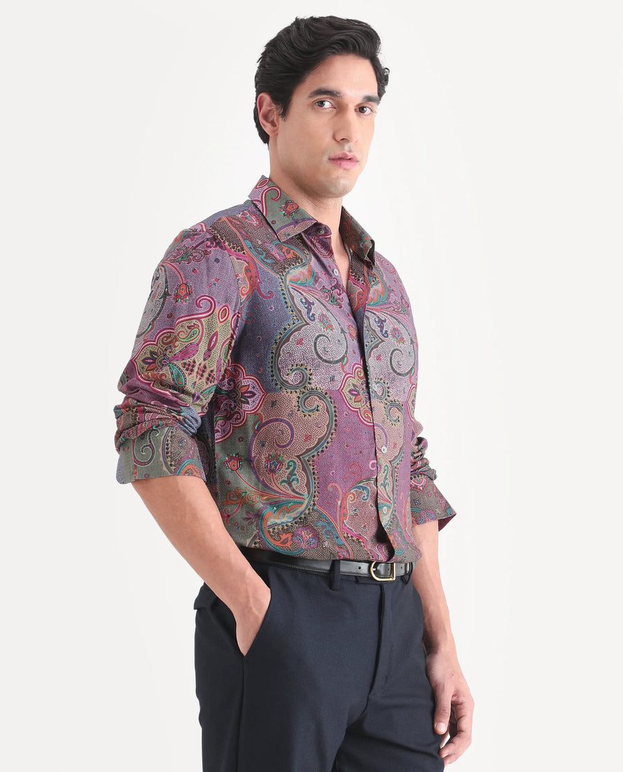Rare Rabbit Men's Timo Multi Viscose Fabric Full Sleeve Spread Collar Regular Fit Paisley Print Shirt