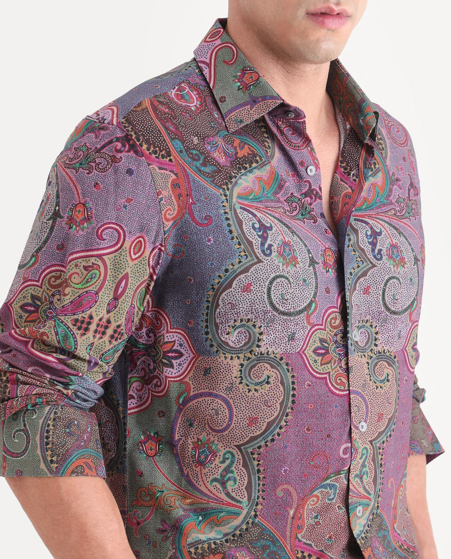 Rare Rabbit Men's Timo Multi Viscose Fabric Full Sleeve Spread Collar Regular Fit Paisley Print Shirt