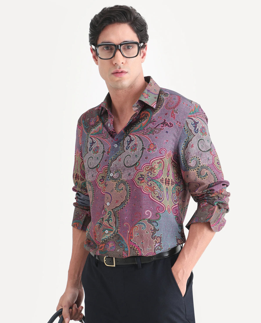 Rare Rabbit Men's Timo Multi Viscose Fabric Full Sleeve Spread Collar Regular Fit Paisley Print Shirt