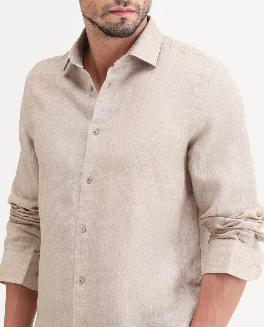 Rare Rabbit Men's Borium-26 Beige 100% Linen Full Sleeve Spread Collar Regular Fit Plain Shirt