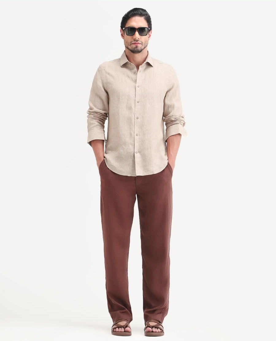 Rare Rabbit Men's Borium-26 Beige 100% Linen Full Sleeve Spread Collar Regular Fit Plain Shirt